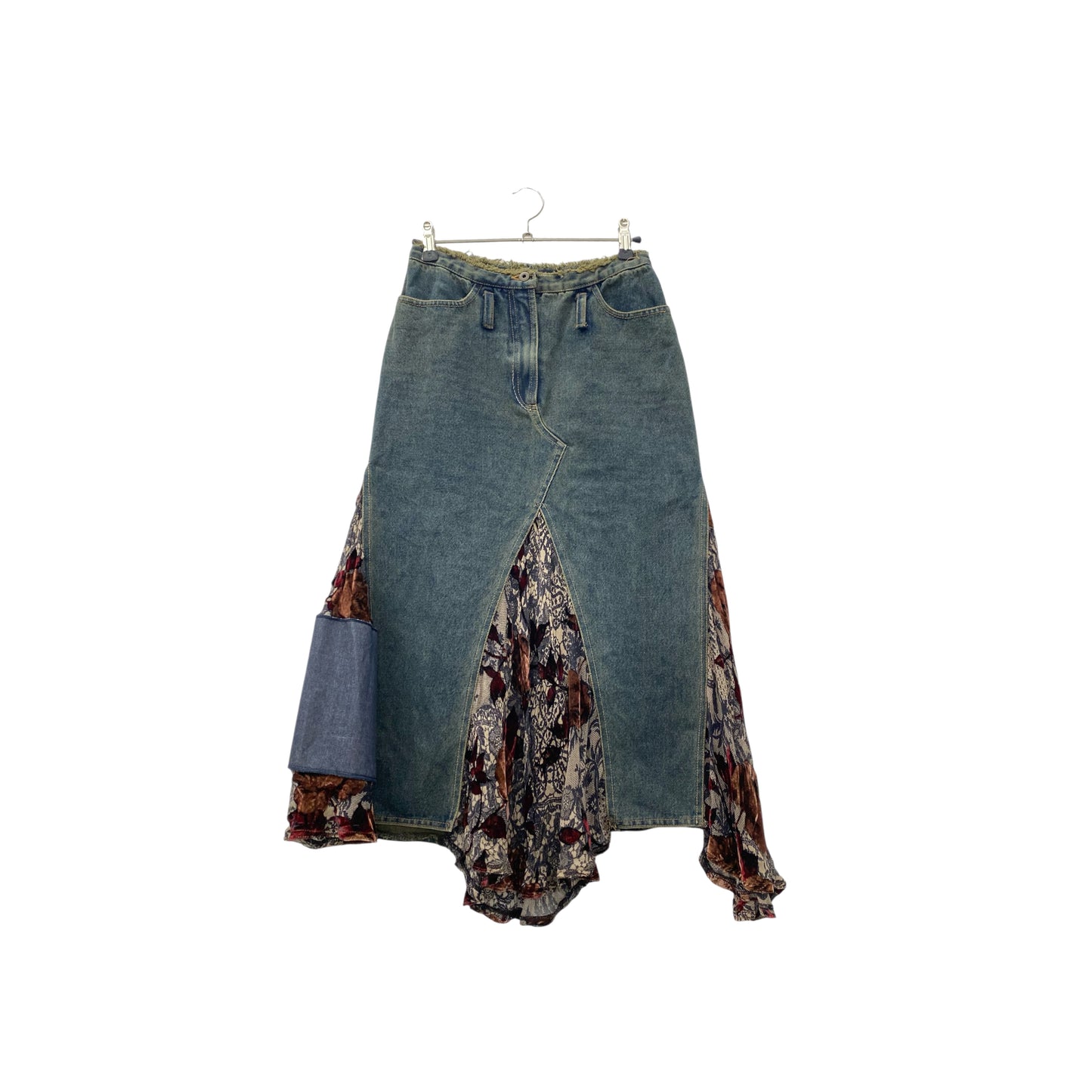 Asymmetrical denim midi skirt