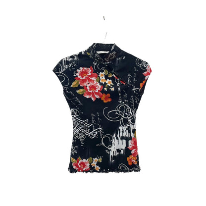 Y2K dark floral mesh top