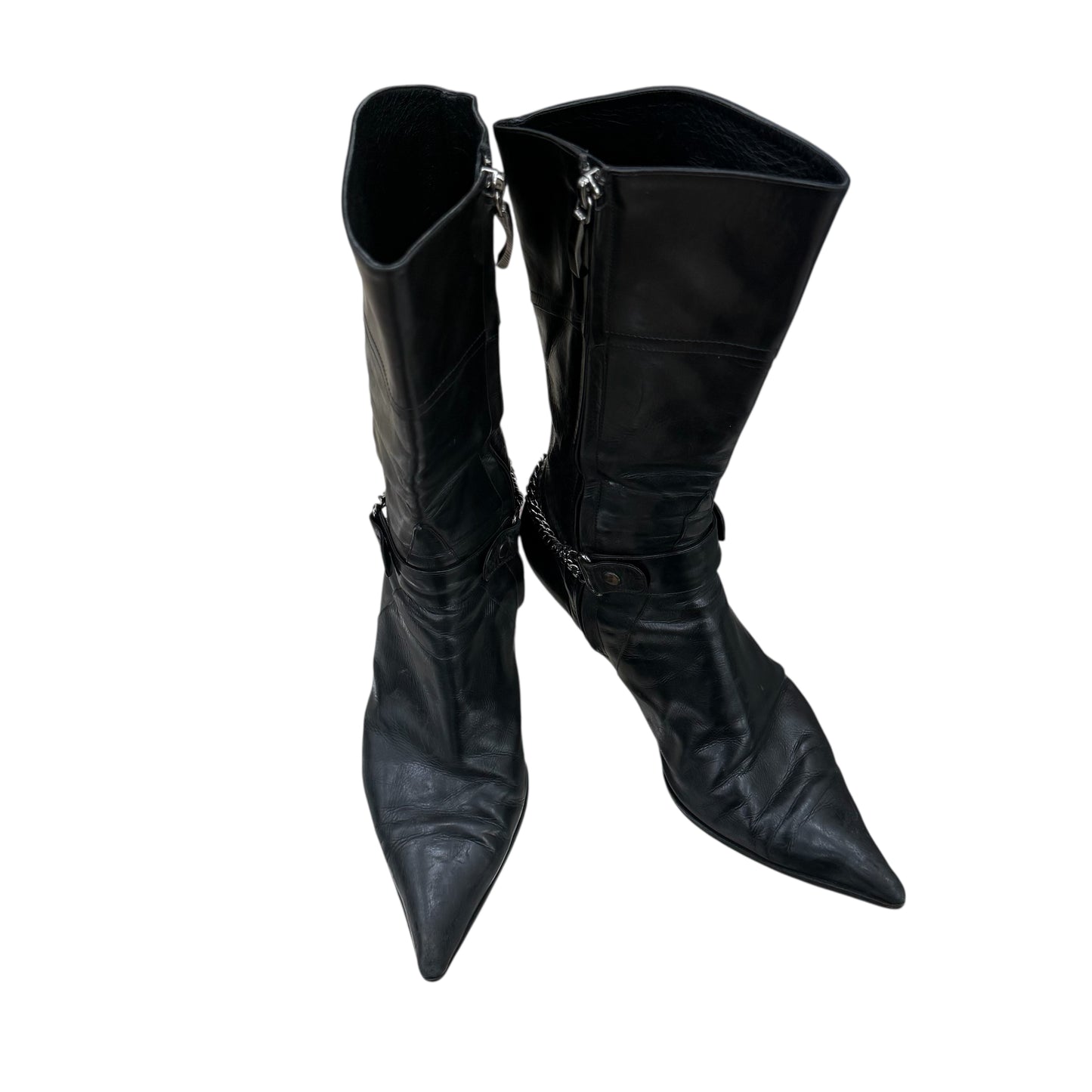 Pointed mid-calf boots with chain