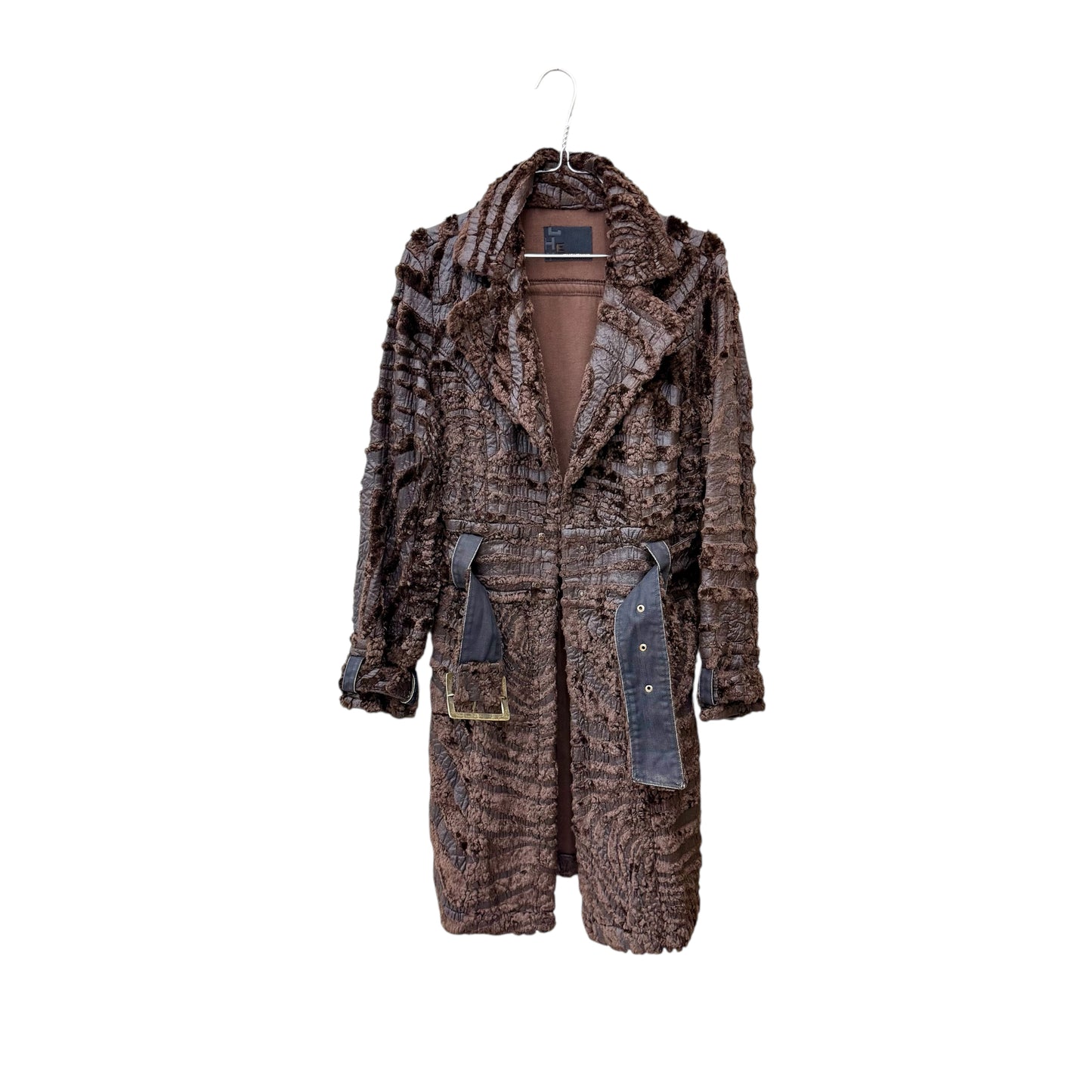 Belted patterned faux fur coat