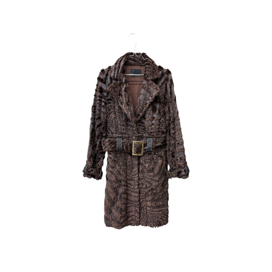 Belted patterned faux fur coat