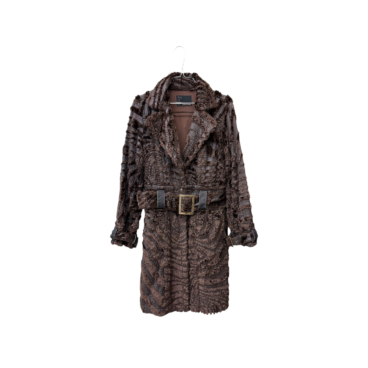 Belted patterned faux fur coat