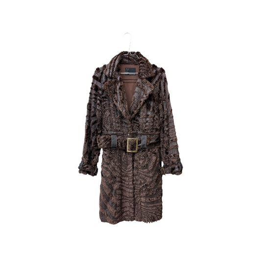 Belted patterned faux fur coat