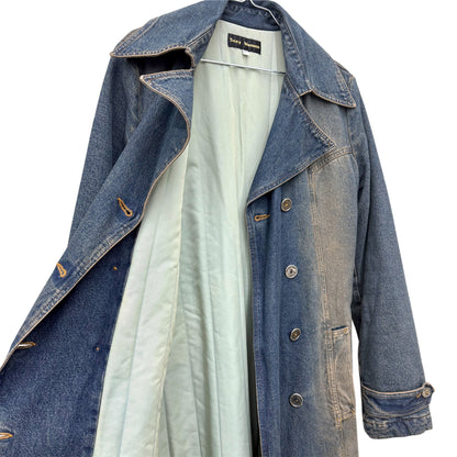Floor-length denim trench coat