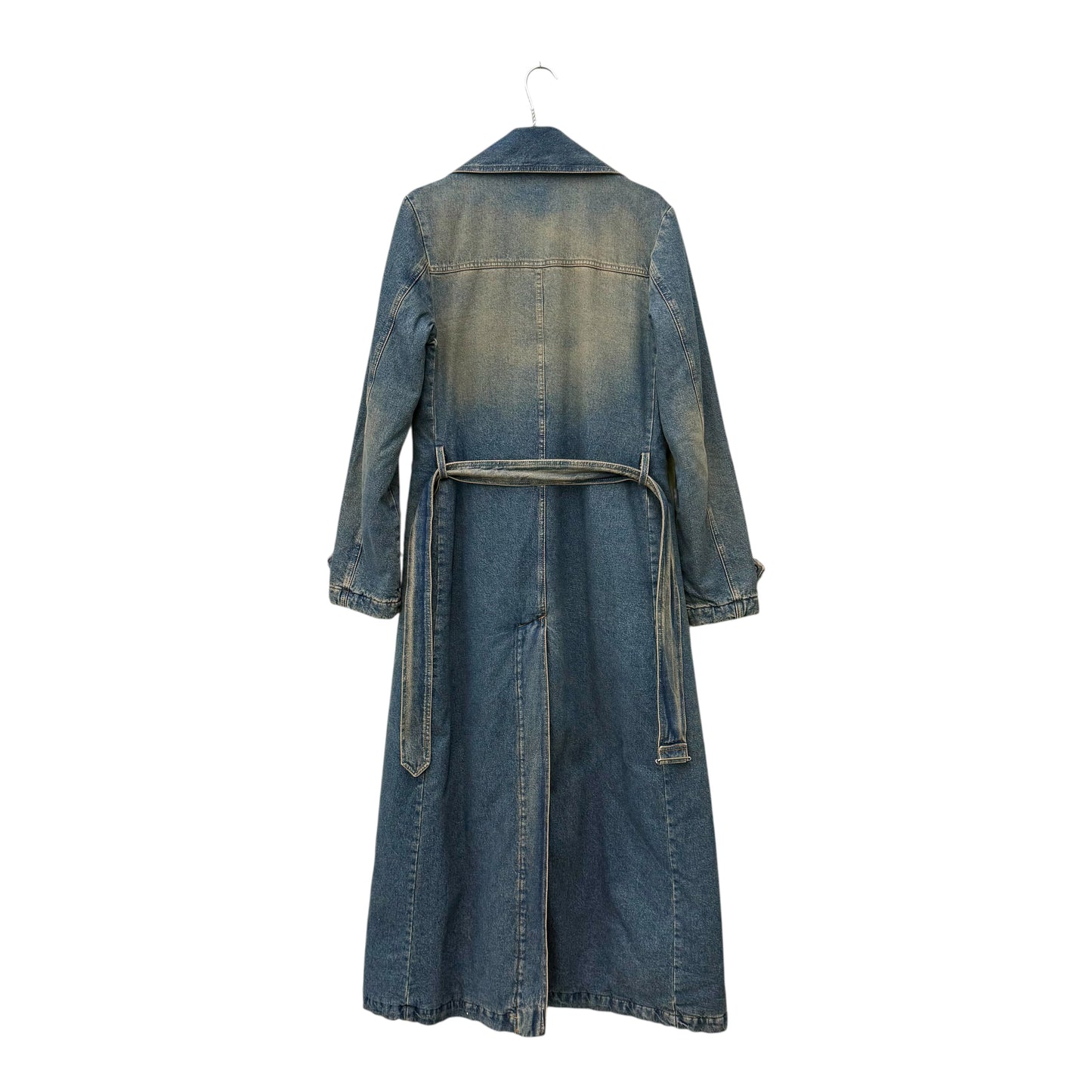 Floor-length denim trench coat