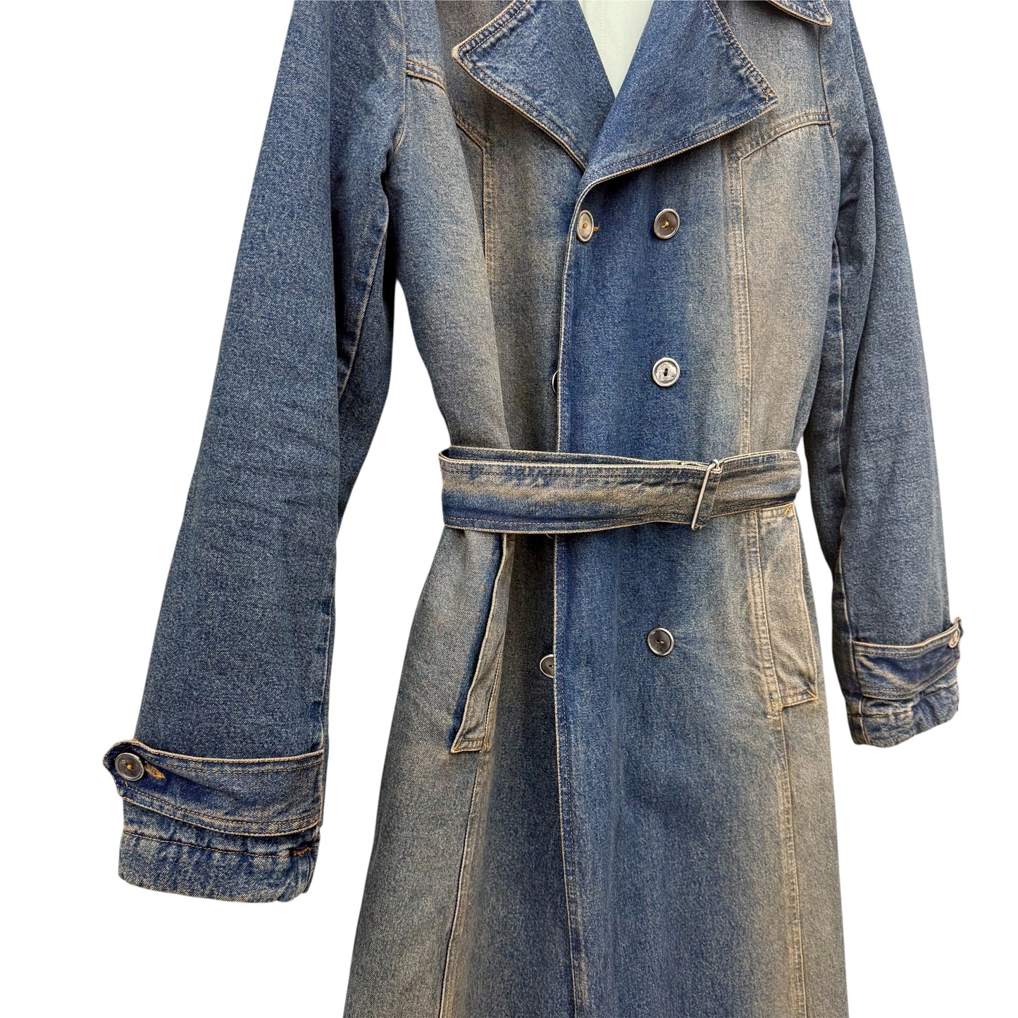 Floor-length denim trench coat