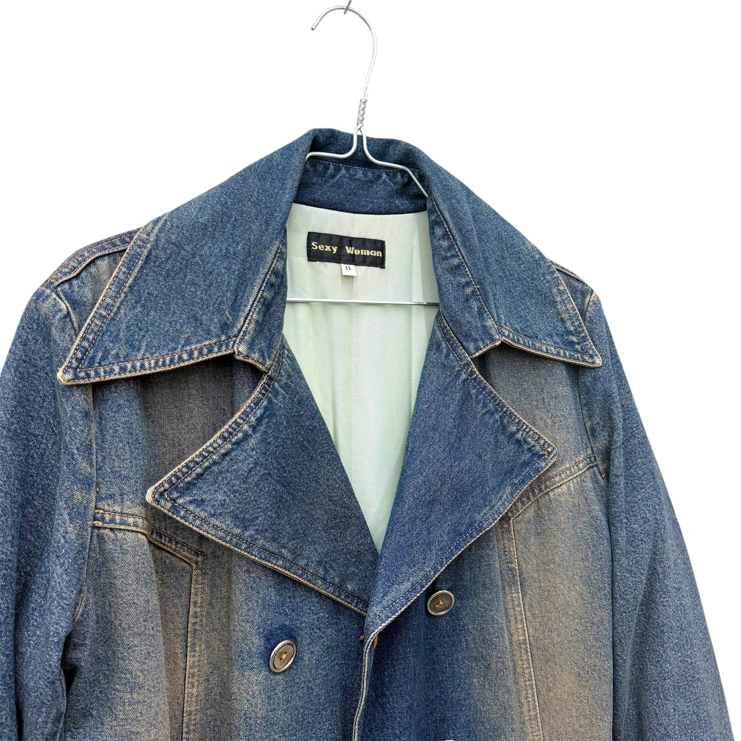 Floor-length denim trench coat