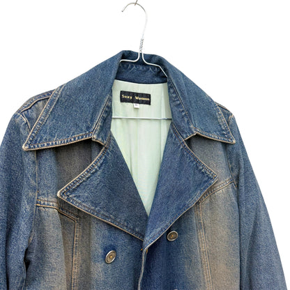 Floor-length denim trench coat
