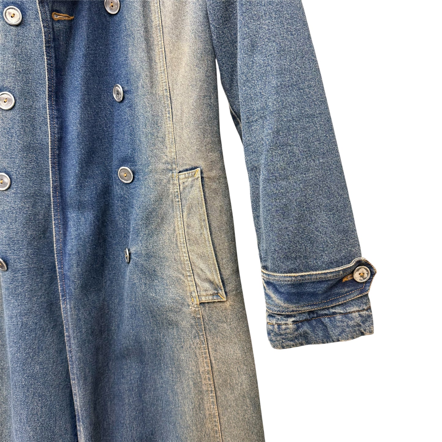 Floor-length denim trench coat