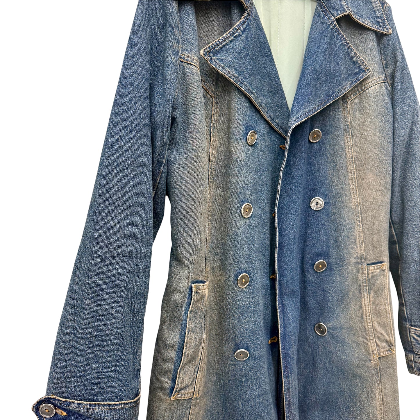 Floor-length denim trench coat