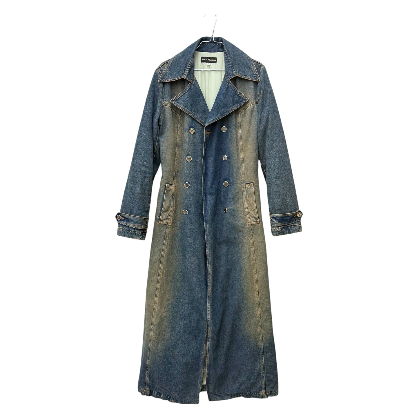 Floor-length denim trench coat