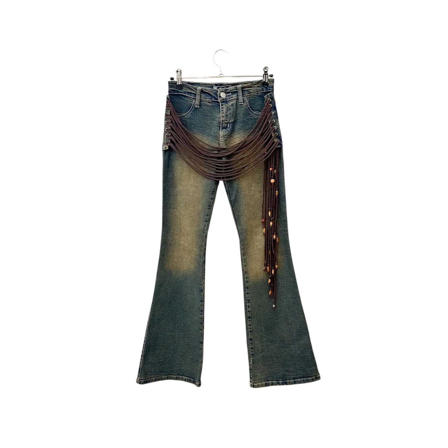 Laced up faded flare jeans