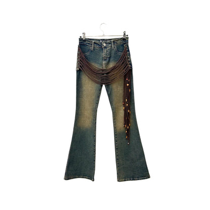 Laced up faded flare jeans