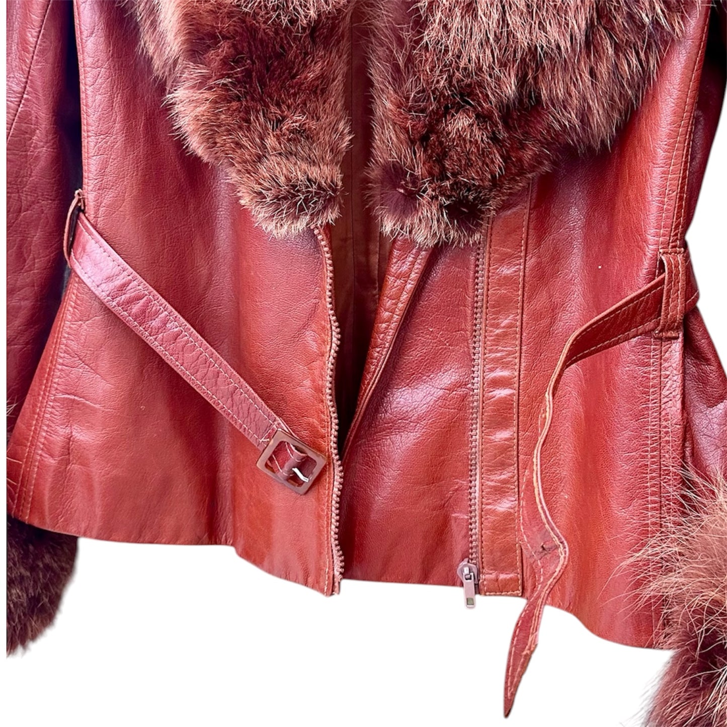Belted fur leather jacket