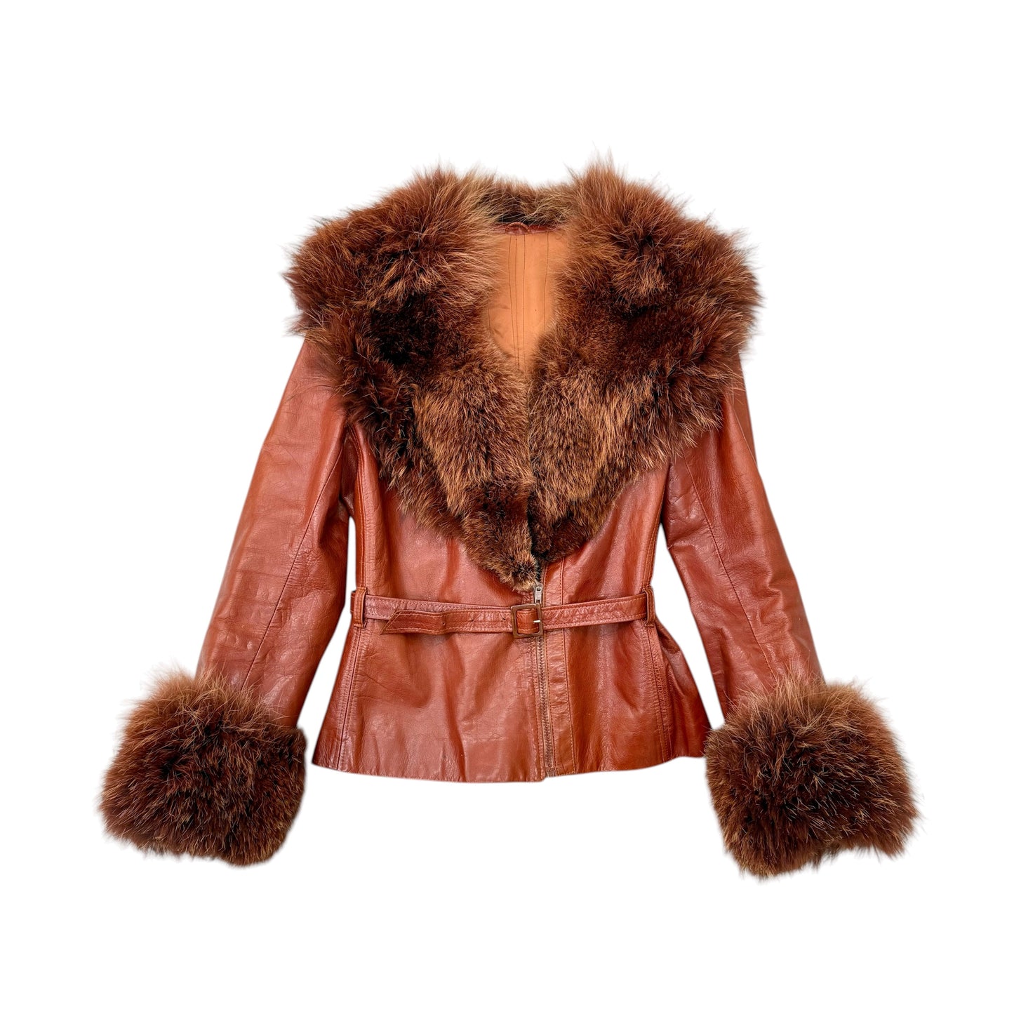 Belted fur leather jacket