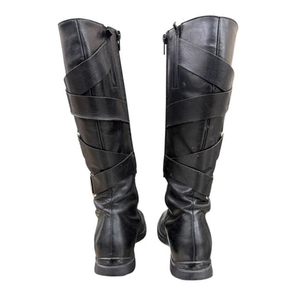 Knee-high leather boots with straps