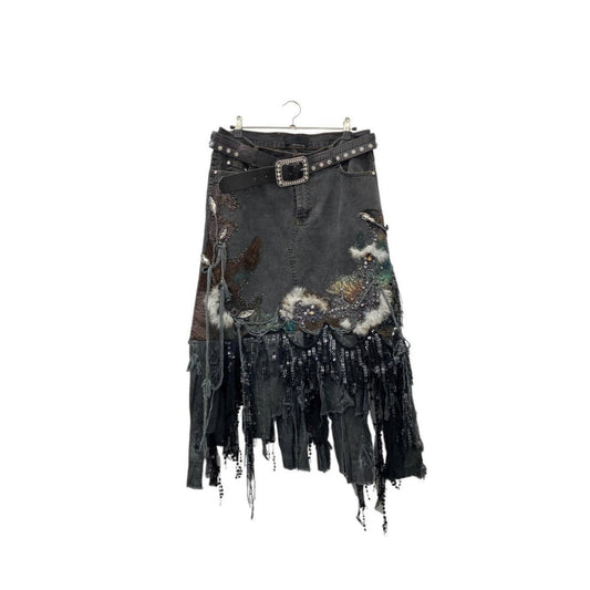 Y2K fringy denim midi skirt